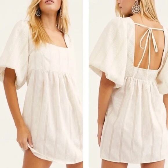 FREE PEOPLE Gigi Vertical Stripe Puff Sleeve Tunic Babydoll Dress | Medium - Picture 1 of 11